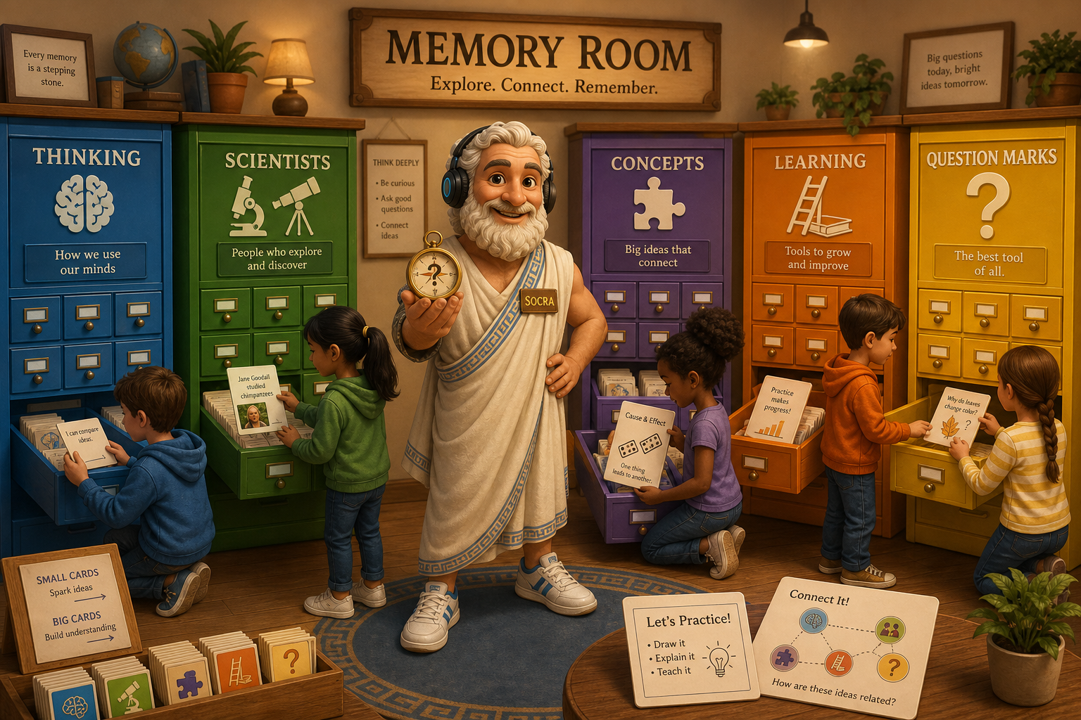 De Geheugenkamer van LeerVlam: kinderen kiezen leerkaarten uit gekleurde kasten met laden, begeleid door de socratische tutor.